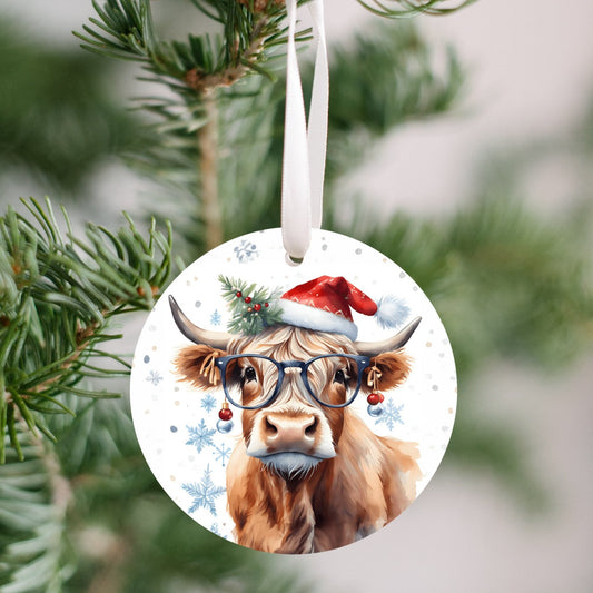 Miss Christmas Cow Ornament With Glasses and a Red Santa Hat, Darling Christmas Tree bulbs for earrings, fun conversation piece