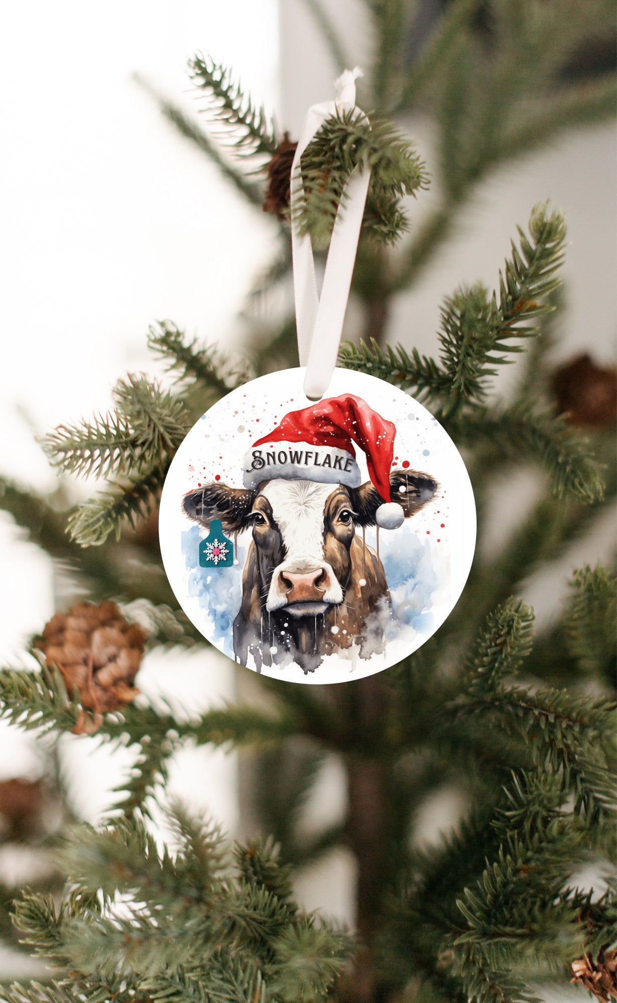 Personalized Christmas Cow Ornament with her matching, Snowflake Ear Tag and Santa Hat, Gift for cow lovers, Country Christmas