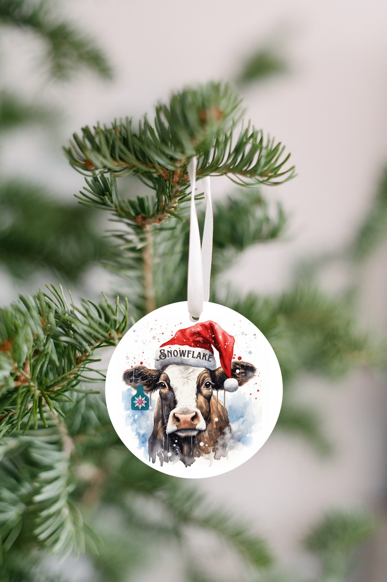 Personalized Christmas Cow Ornament with her matching, Snowflake Ear Tag and Santa Hat, Gift for cow lovers, Country Christmas