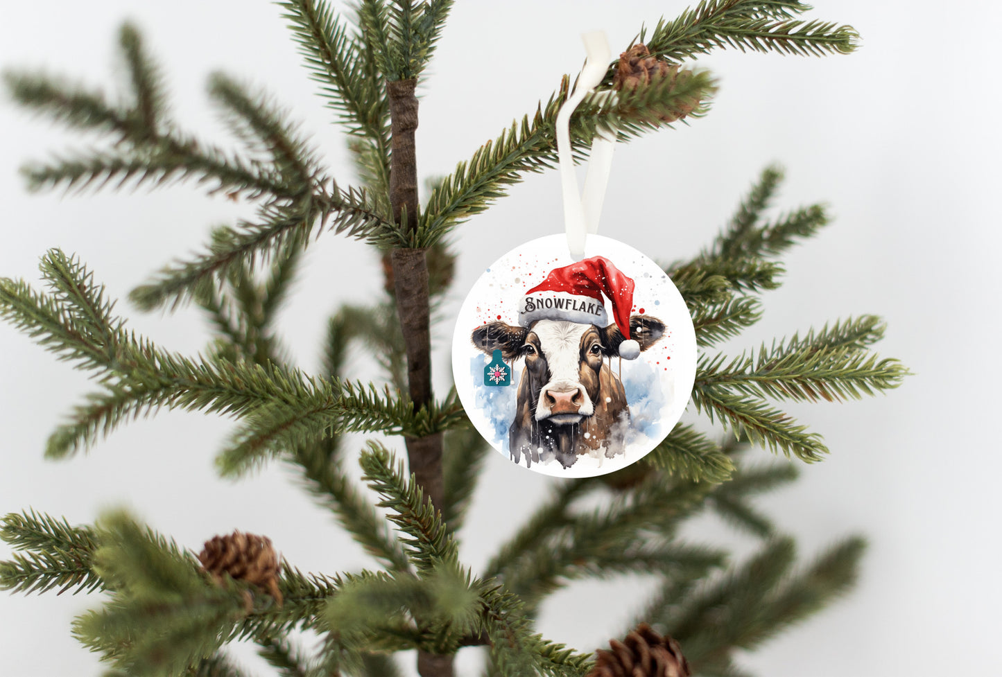 Personalized Christmas Cow Ornament with her matching, Snowflake Ear Tag and Santa Hat, Gift for cow lovers, Country Christmas