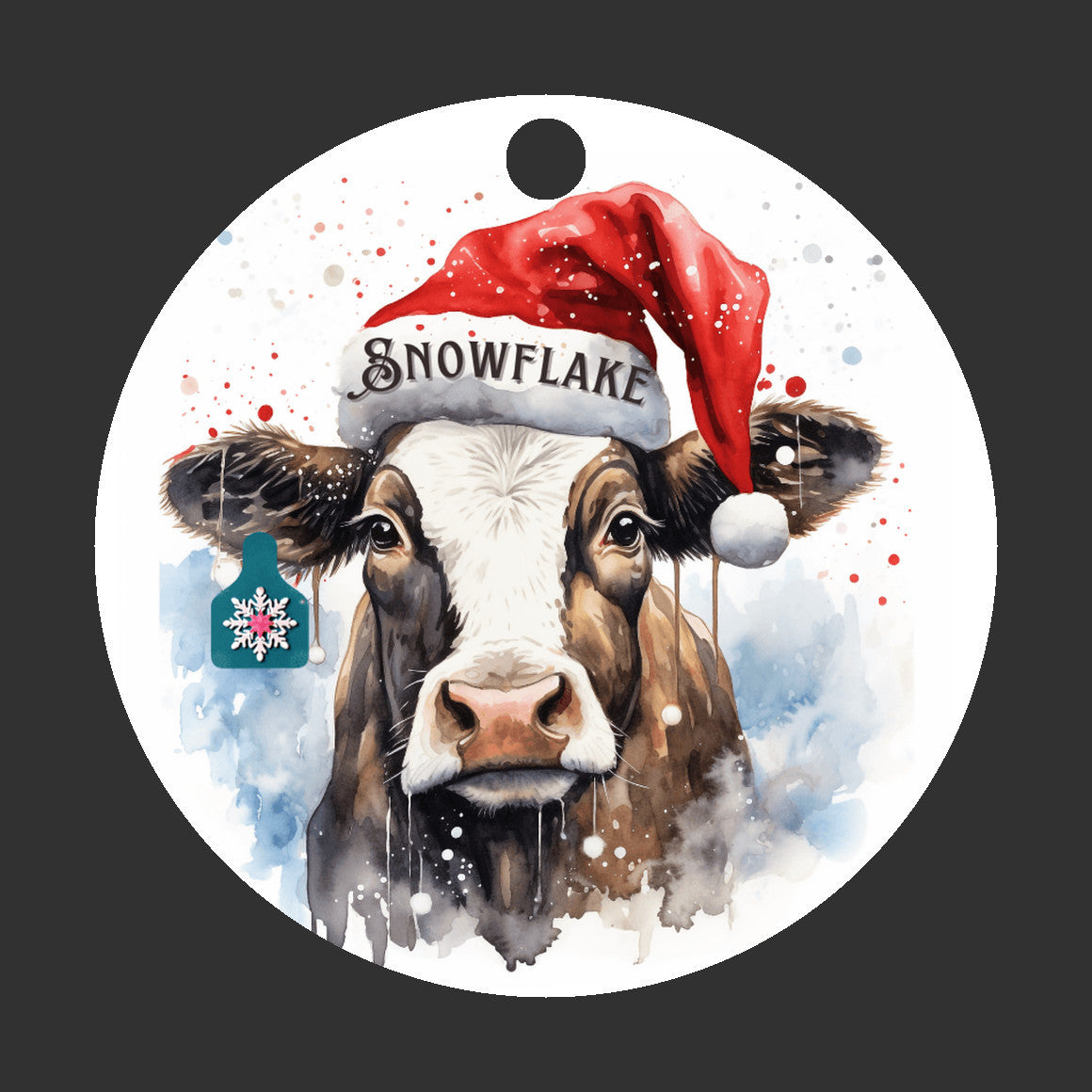 Personalized Christmas Cow Ornament with her matching, Snowflake Ear Tag and Santa Hat, Gift for cow lovers, Country Christmas