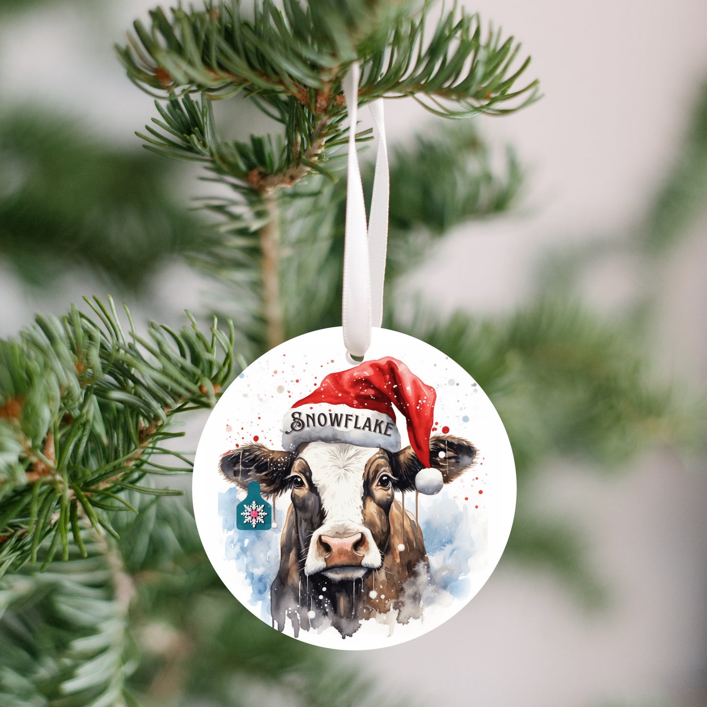 Personalized Christmas Cow Ornament with her matching, Snowflake Ear Tag and Santa Hat, Gift for cow lovers, Country Christmas