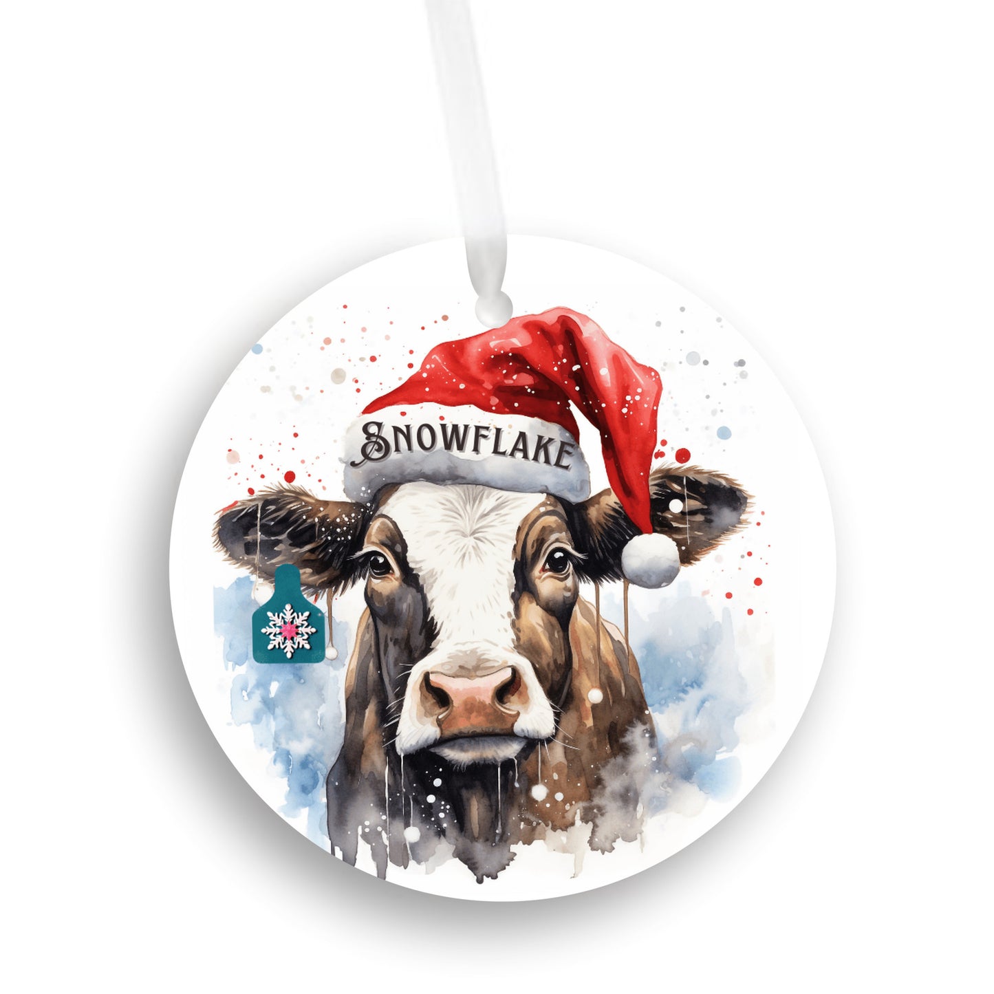 Personalized Christmas Cow Ornament with her matching, Snowflake Ear Tag and Santa Hat, Gift for cow lovers, Country Christmas