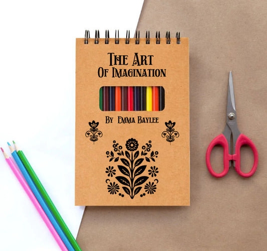 Personalized Sketch Pad for Kids, teens and aspiring and young artists, Sketch Pad with name and cute Folk Art design, colored pencils included