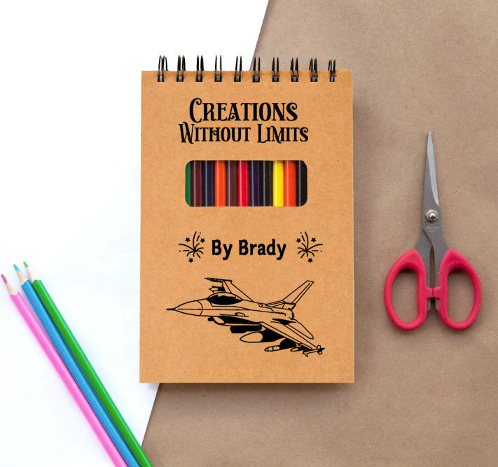 Personalized Sketch Pad for Kids, teens and aspiring and young artists, Sketch Pad with name and cute Jet Plane design, colored pencils included