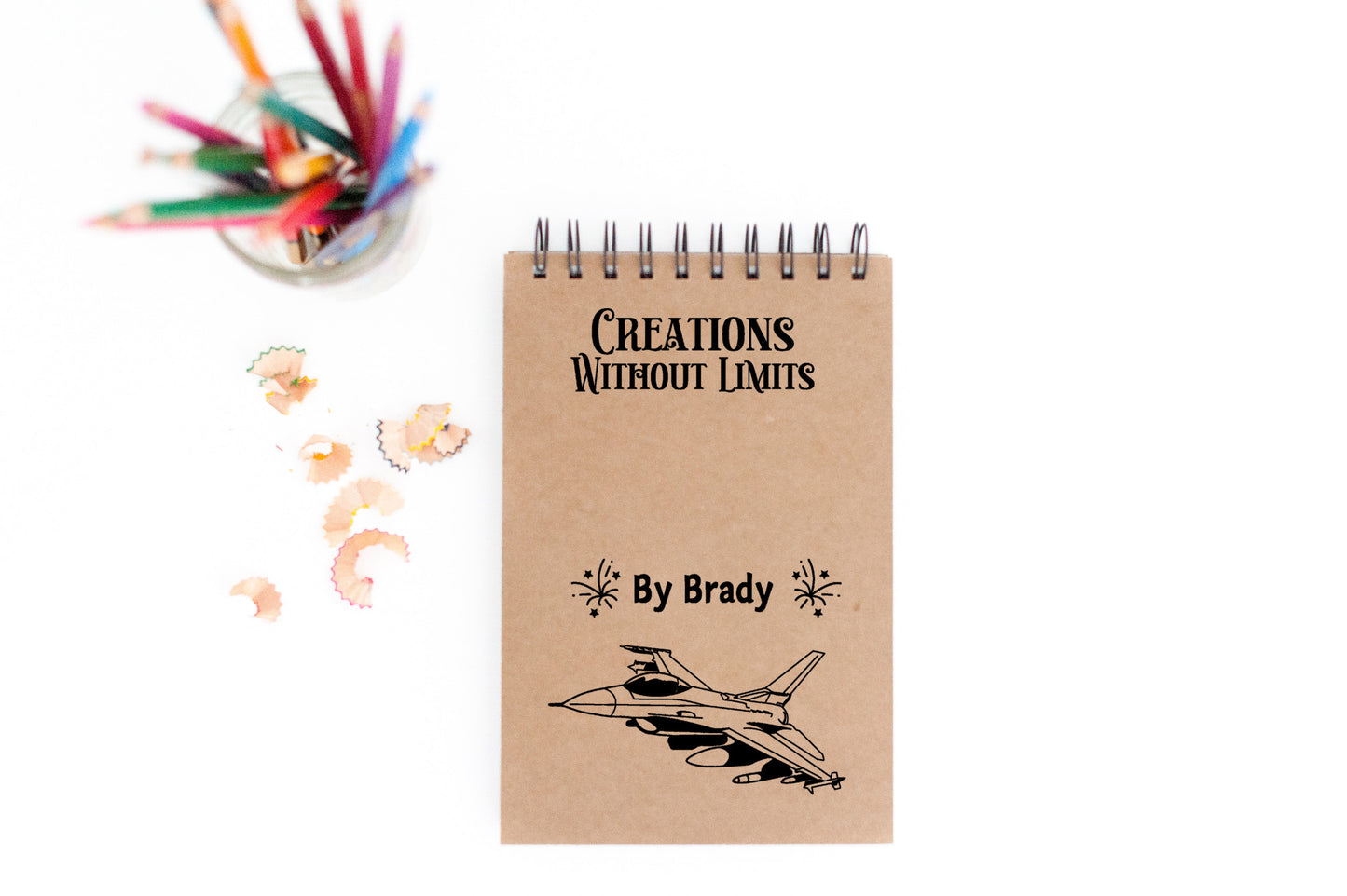 Personalized Sketch Pad for Kids, teens and aspiring and young artists, Sketch Pad with name and cute Jet Plane design, colored pencils included