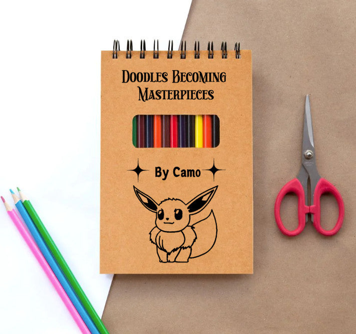 Personalized Sketch Pad for Kids, teens and aspiring and young artists, Sketch Pad with name and cute Pokemon design, colored pencils included