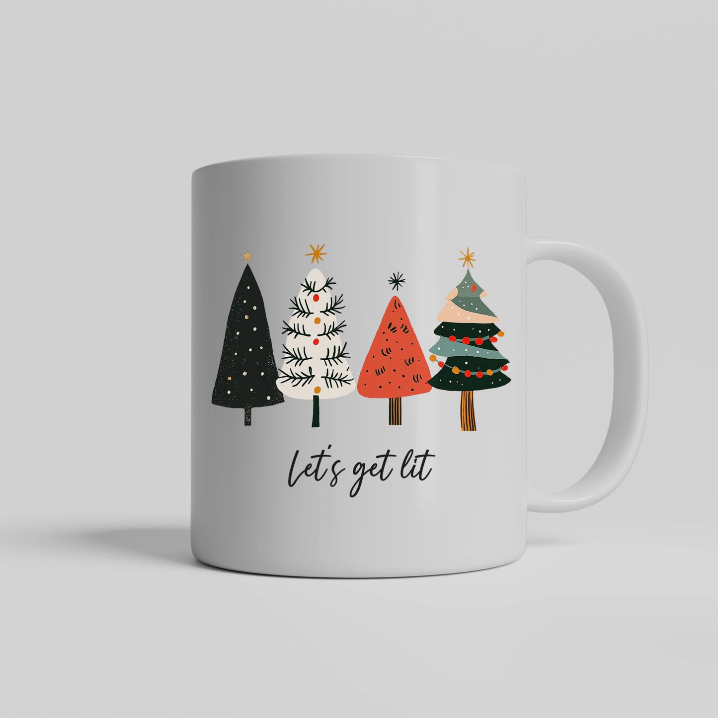 "Let's Get Lit" Christmas Mug – Festive and Fun Christmas Mug, Simple Christmas tree design, no frills, "Let's get Lit" perfect gift for family friends co-workers neighbors, add to your christmas decor