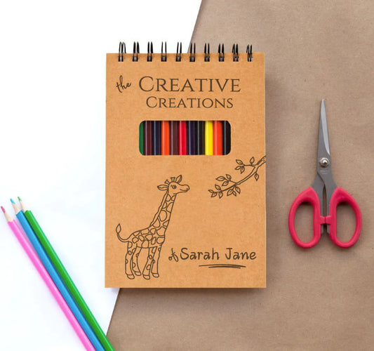 Personalized Sketch Pad for Kids, teens and aspiring and young artists, Sketchbook with name and cute Art design, colored pencils included, Art Journal