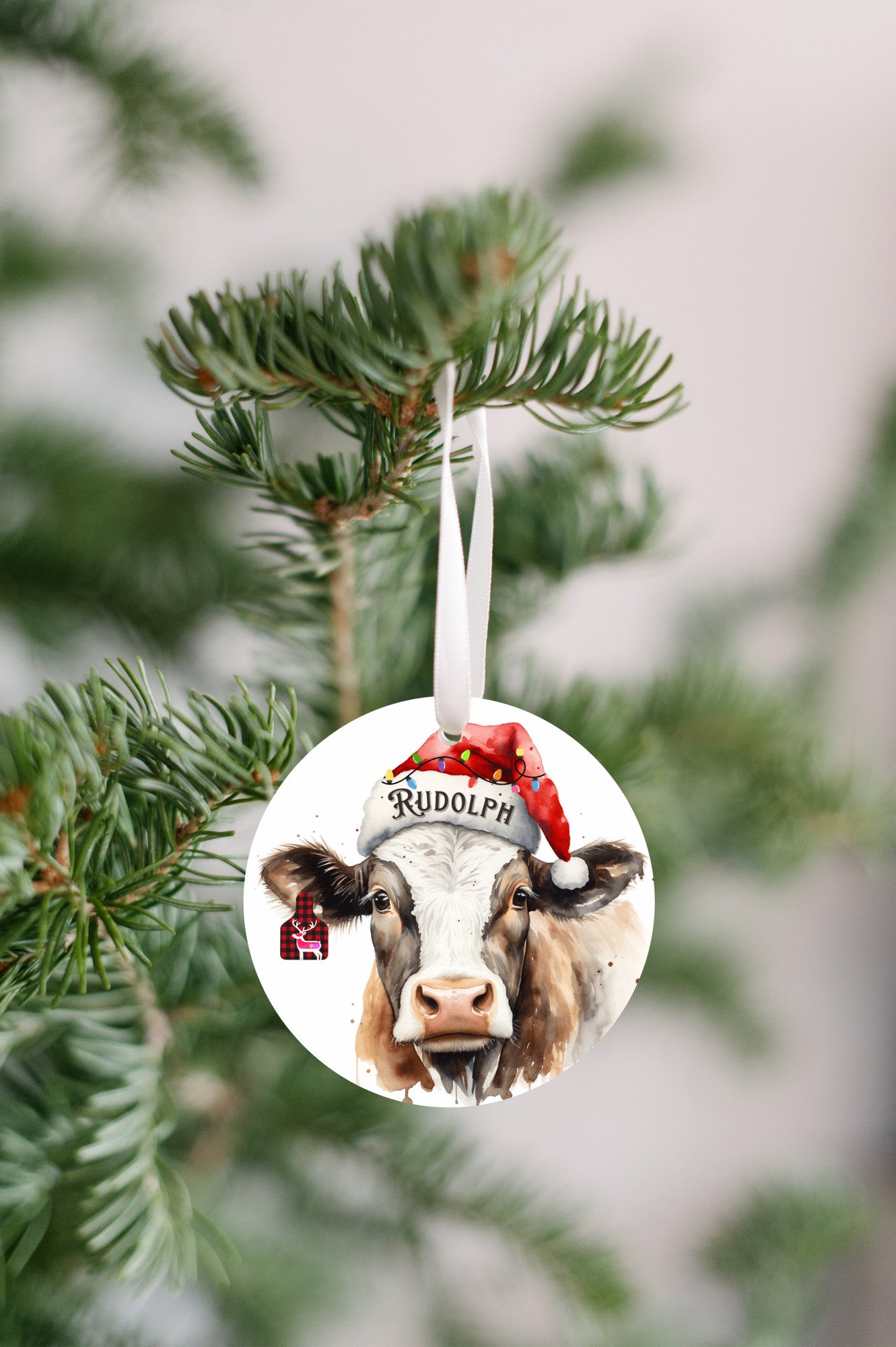 Personalized Christmas Cow Christmas Ornament cute Christmas Ear Tag Personalize Santa Hat, Gift for cow lovers, Country Christmas, Grandkids, Holiday keepsake, Country