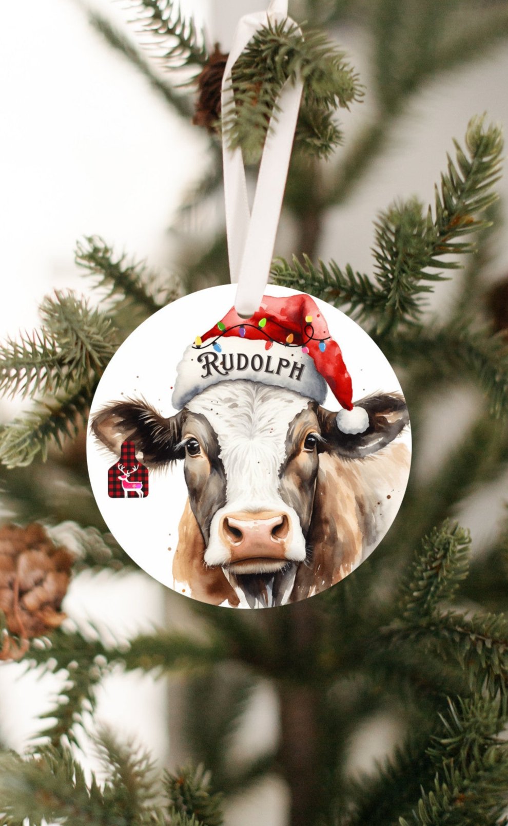 Personalized Christmas Cow Christmas Ornament cute Christmas Ear Tag Personalize Santa Hat, Gift for cow lovers, Country Christmas, Grandkids, Holiday keepsake, Country