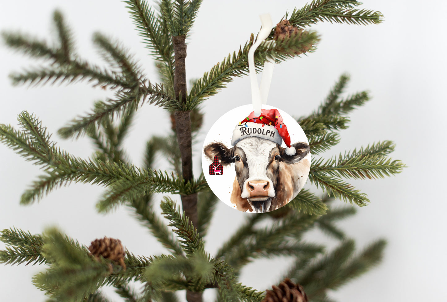 Personalized Christmas Cow Christmas Ornament cute Christmas Ear Tag Personalize Santa Hat, Gift for cow lovers, Country Christmas, Grandkids, Holiday keepsake, Country