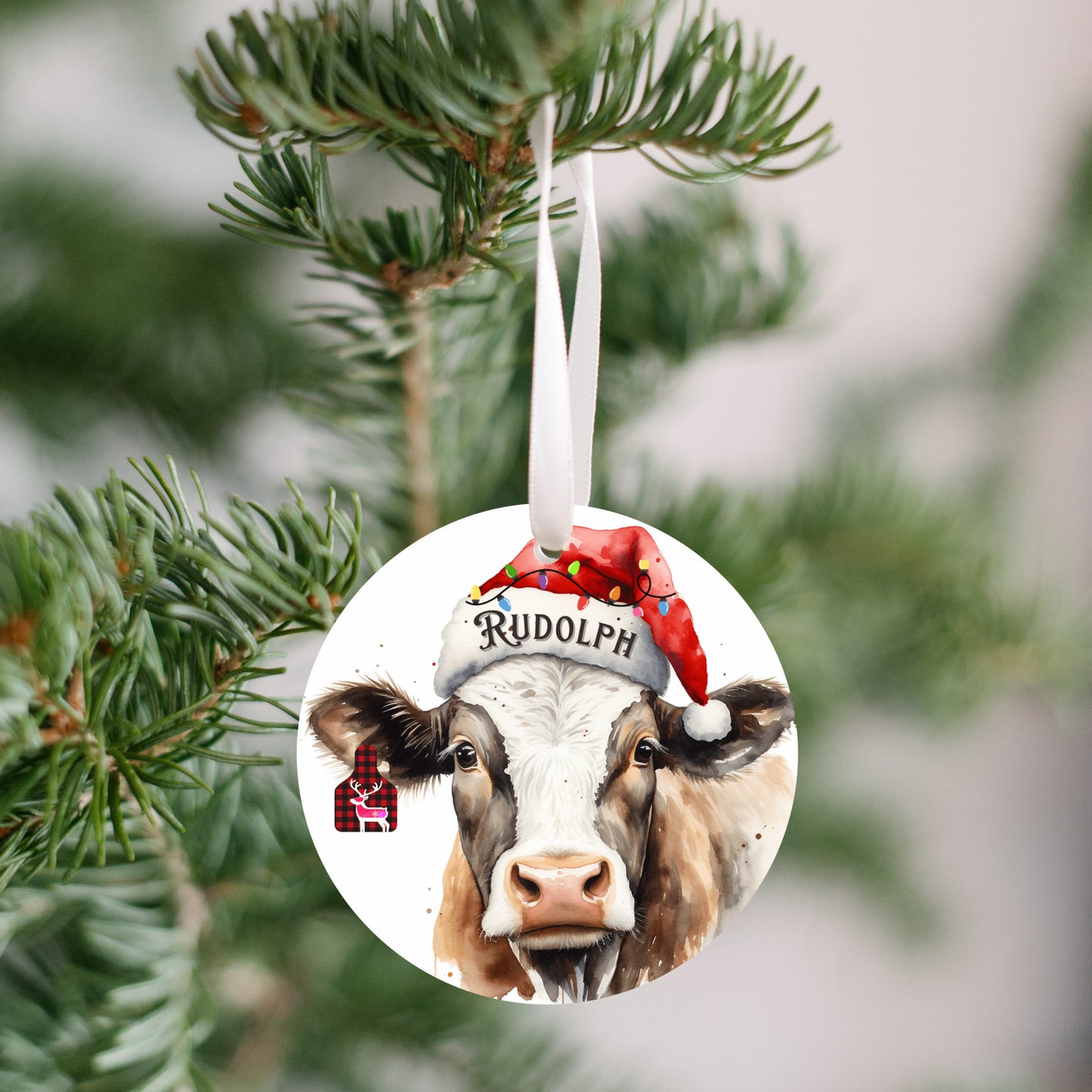 Personalized Christmas Cow Christmas Ornament cute Christmas Ear Tag Personalize Santa Hat, Gift for cow lovers, Country Christmas, Grandkids, Holiday keepsake, Country