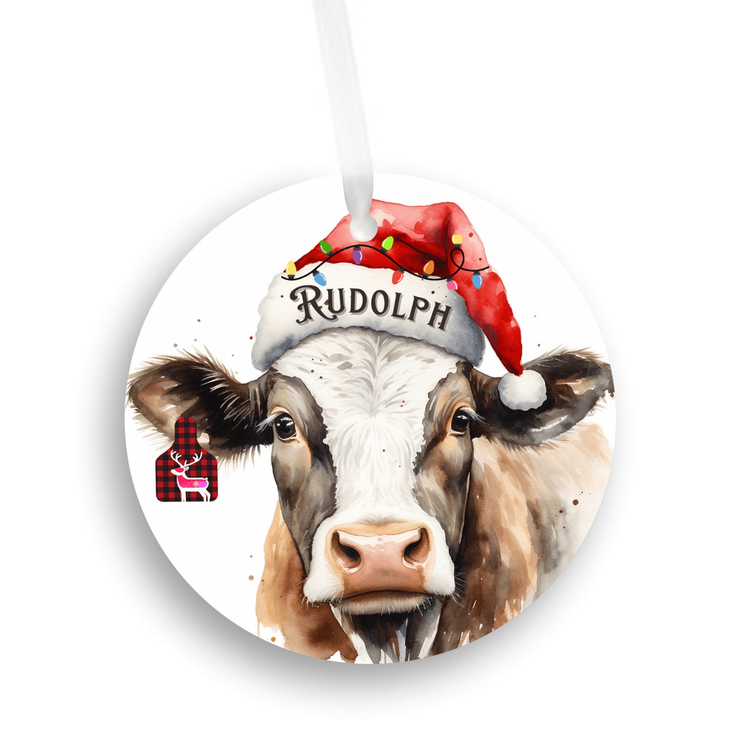 Personalized Christmas Cow Christmas Ornament cute Christmas Ear Tag Personalize Santa Hat, Gift for cow lovers, Country Christmas, Grandkids, Holiday keepsake, Country