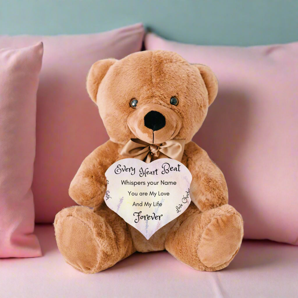 Soft Personalized Teddy Bear Plush and huggable and a 6" heart sign with a special message, perfect romantic gift, Anniversary, Birthday, Valentine