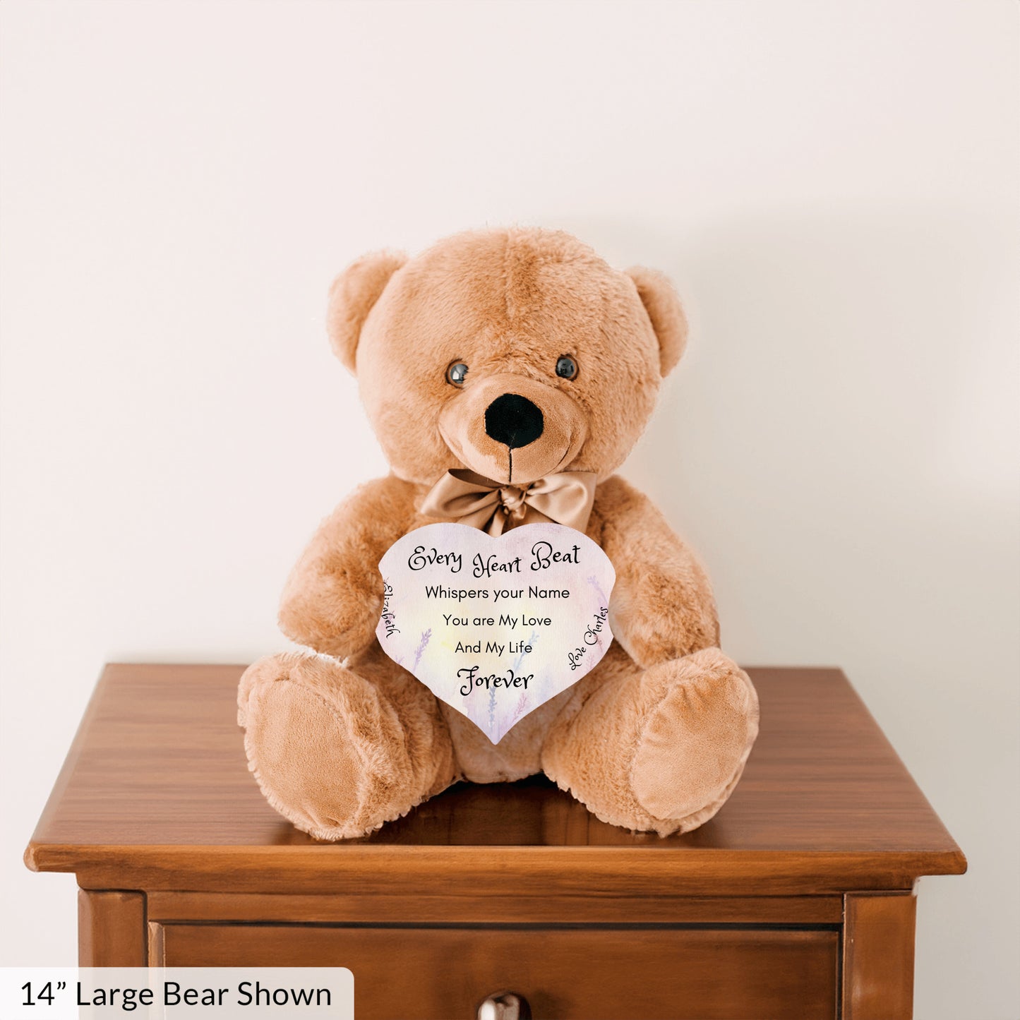 Soft Personalized Teddy Bear Plush and huggable and a 6" heart sign with a special message, perfect romantic gift, Anniversary, Birthday, Valentine