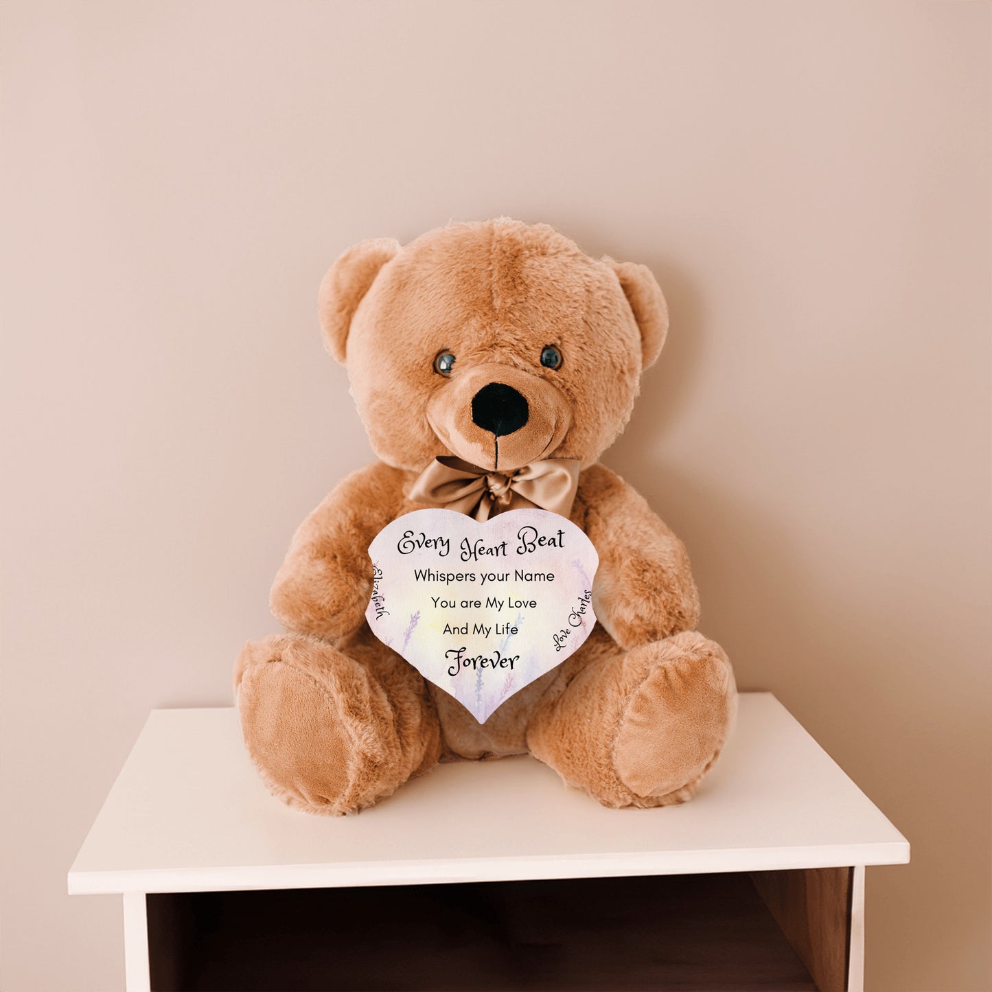 Soft Personalized Teddy Bear Plush and huggable and a 6" heart sign with a special message, perfect romantic gift, Anniversary, Birthday, Valentine