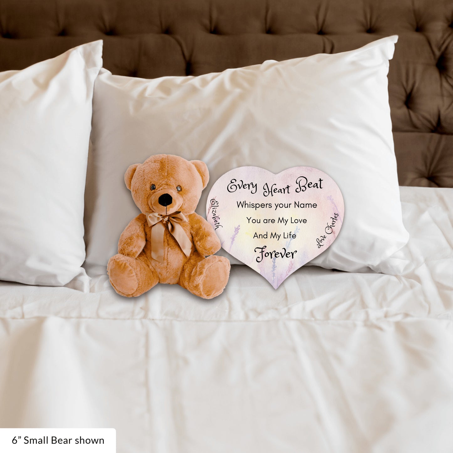 Soft Personalized Teddy Bear Plush and huggable and a 6" heart sign with a special message, perfect romantic gift, Anniversary, Birthday, Valentine