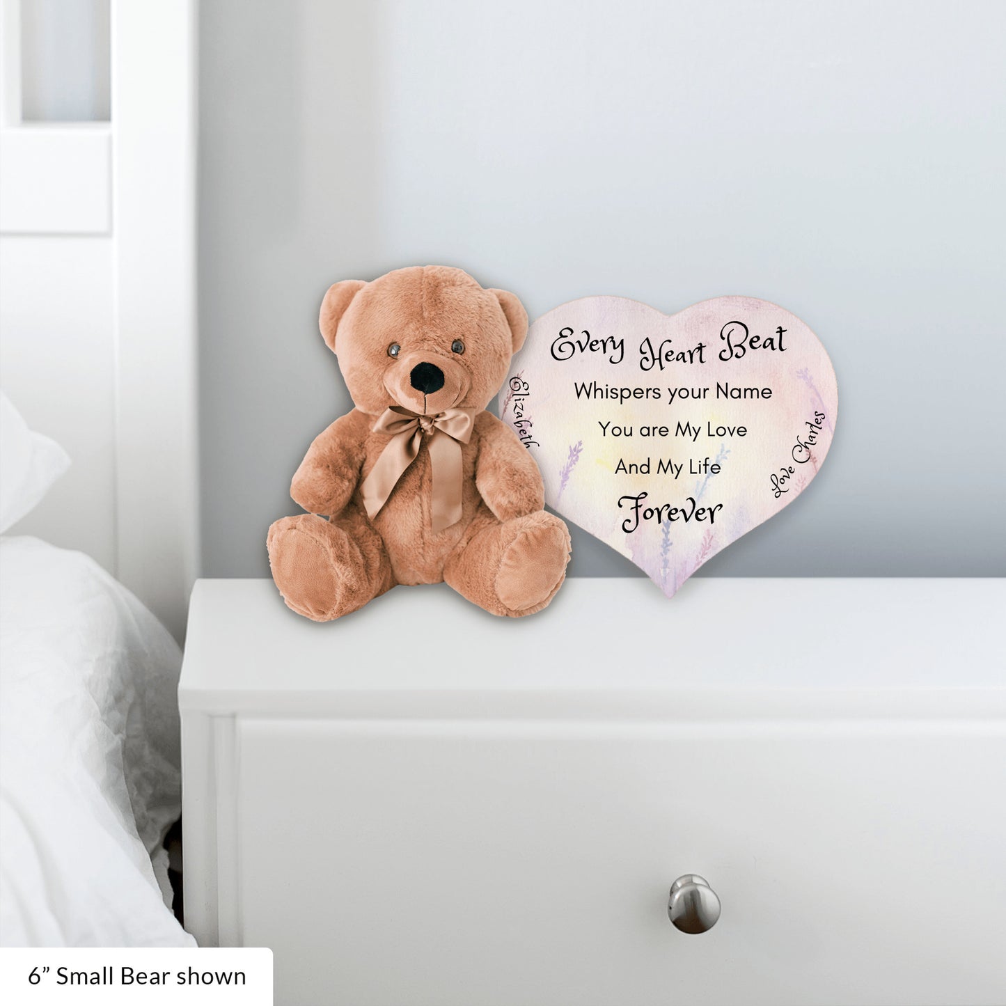 Soft Personalized Teddy Bear Plush and huggable and a 6" heart sign with a special message, perfect romantic gift, Anniversary, Birthday, Valentine