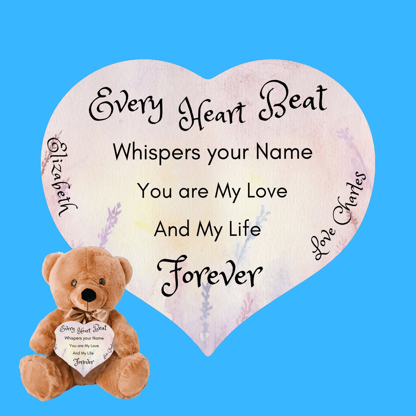 Soft Personalized Teddy Bear Plush and huggable and a 6" heart sign with a special message, perfect romantic gift, Anniversary, Birthday, Valentine