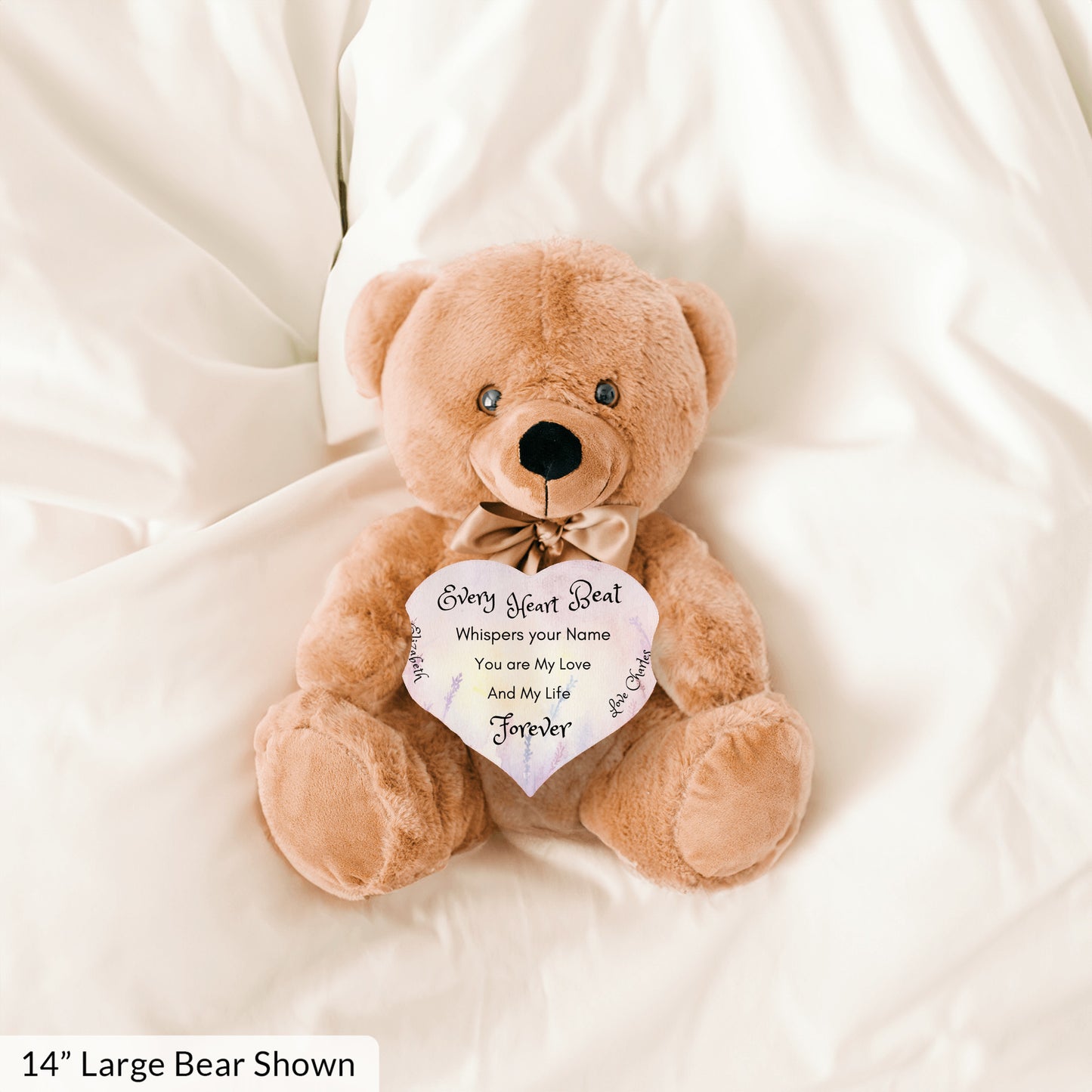 Soft Personalized Teddy Bear Plush and huggable and a 6" heart sign with a special message, perfect romantic gift, Anniversary, Birthday, Valentine