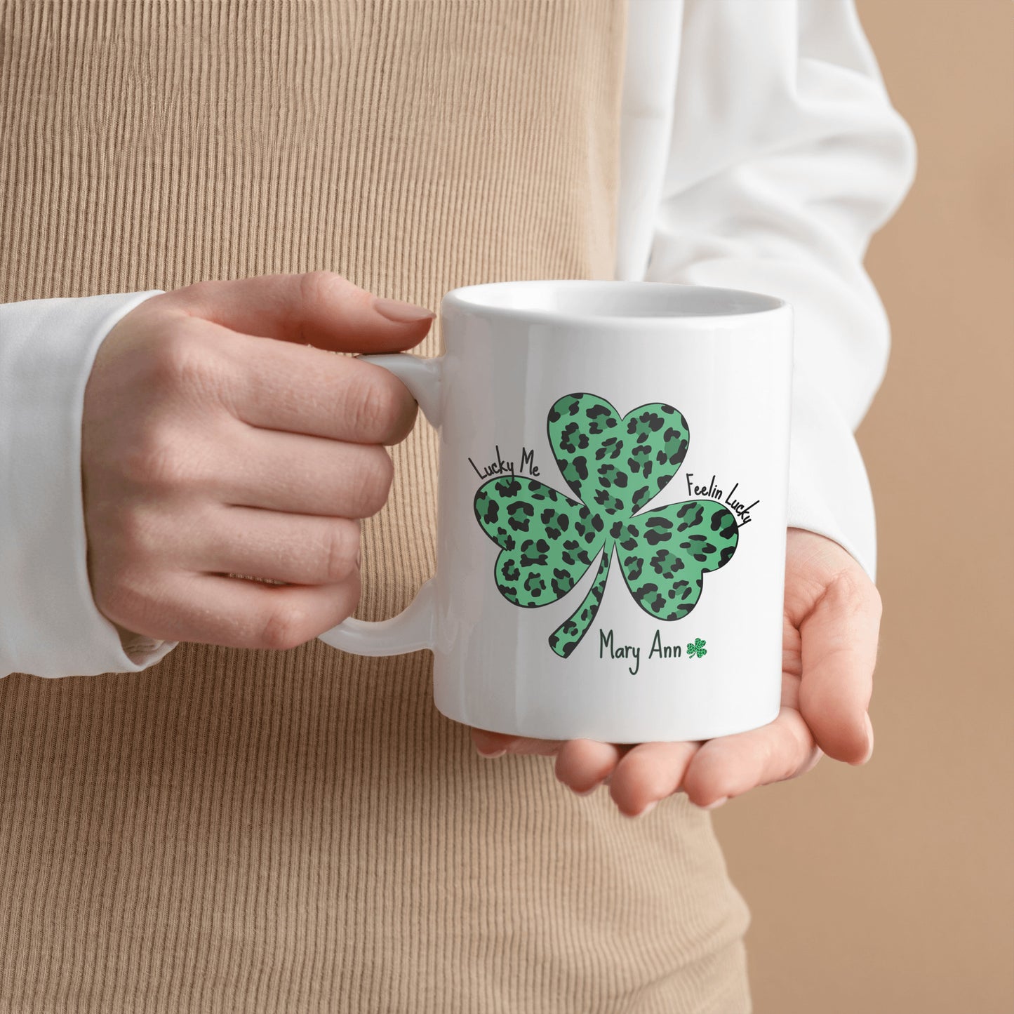 Personalized "Lucky Me & Feelin’ Lucky Shamrock Mug – Personalized Leopard Print St. Patrick’s Day Gift for a special lucky person