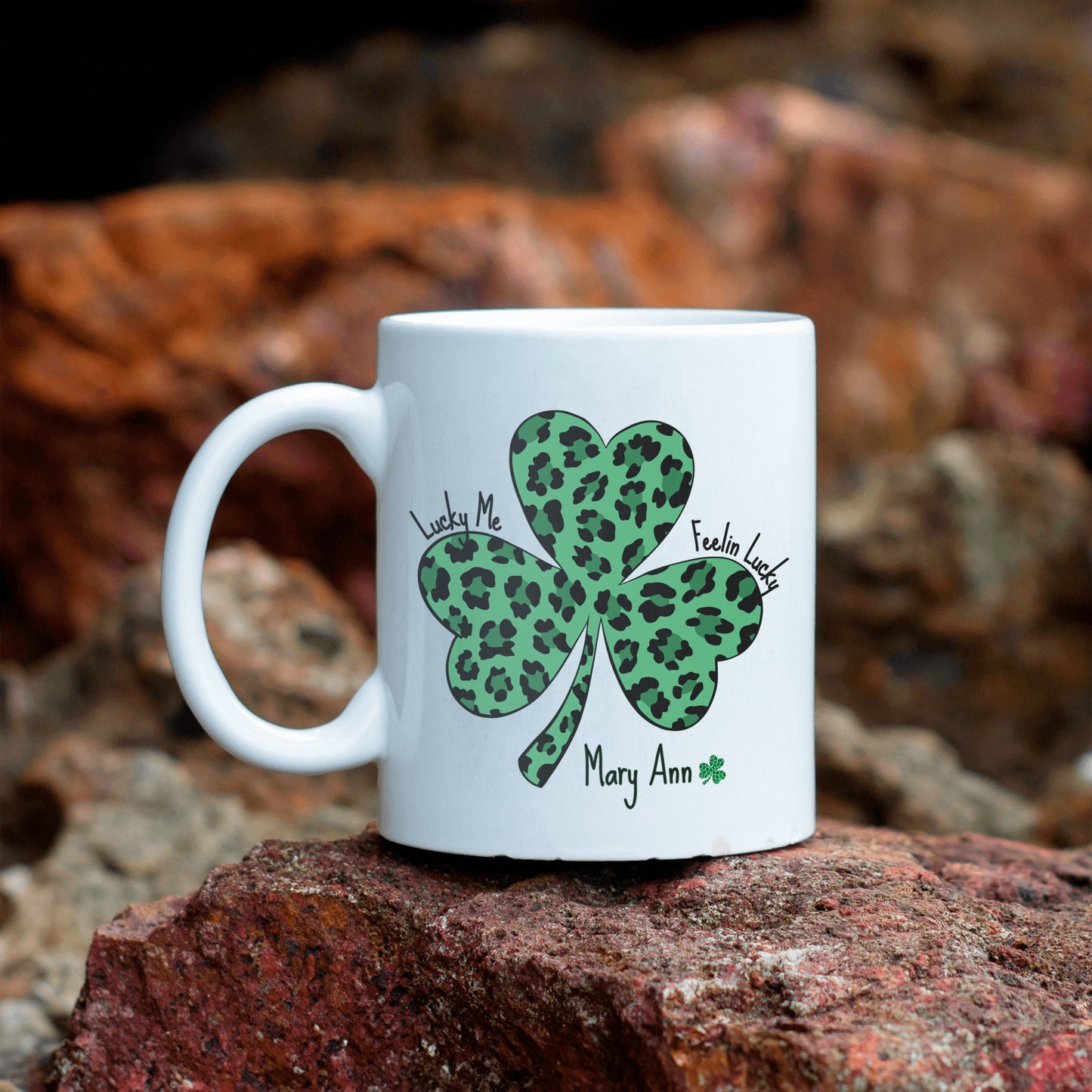 Personalized "Lucky Me & Feelin’ Lucky Shamrock Mug – Personalized Leopard Print St. Patrick’s Day Gift for a special lucky person