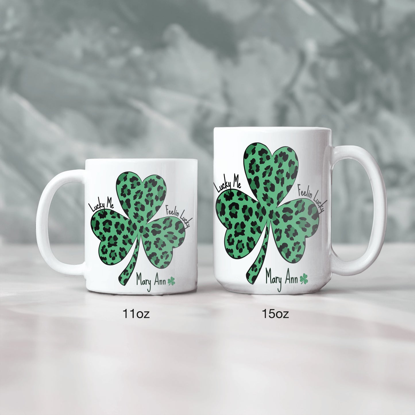 Personalized "Lucky Me & Feelin’ Lucky Shamrock Mug – Personalized Leopard Print St. Patrick’s Day Gift for a special lucky person