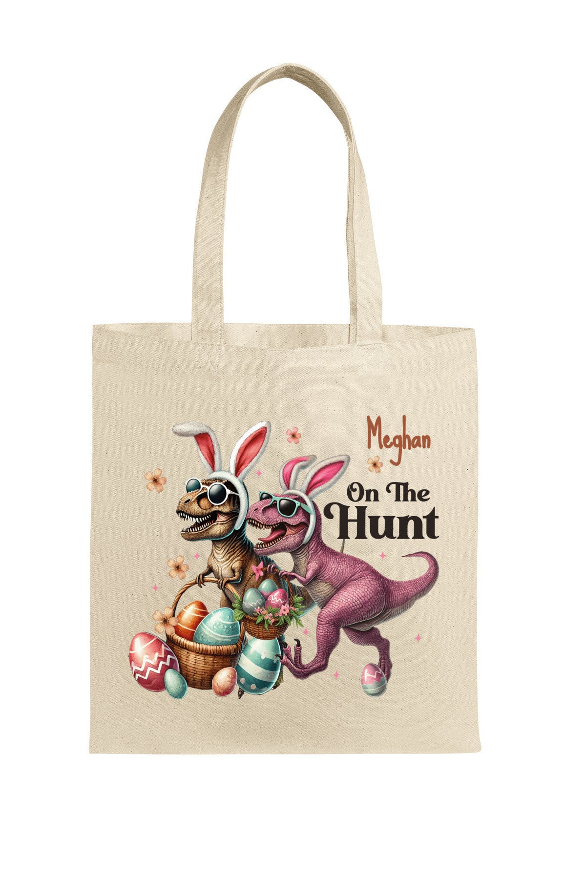 Easter Tote, Egg hunting, Personalized Tote, Dinosaurs "On the Hunt" for Easter Eggs
